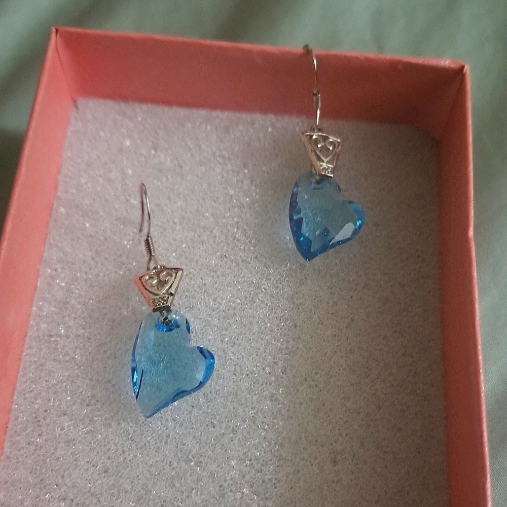 Prom Dance Blue and Silver Swarovski Crystal Handmade dangler Heart Earrings.